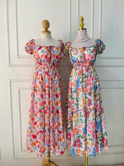 Spring Floral Square Neck Long Maxi Dress